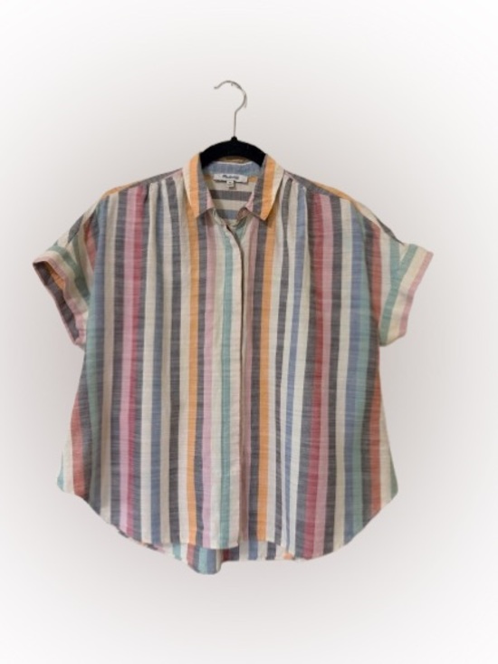 Madewell Tops - Madewell Rainbow Stripe Linen Blend Hilltop Button Shirt XS Pastel Short Sleeve